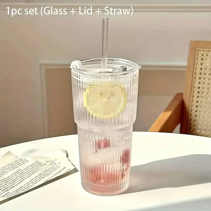 1/2pcs 600ml Stripe Glass Cup with Lid and Straw