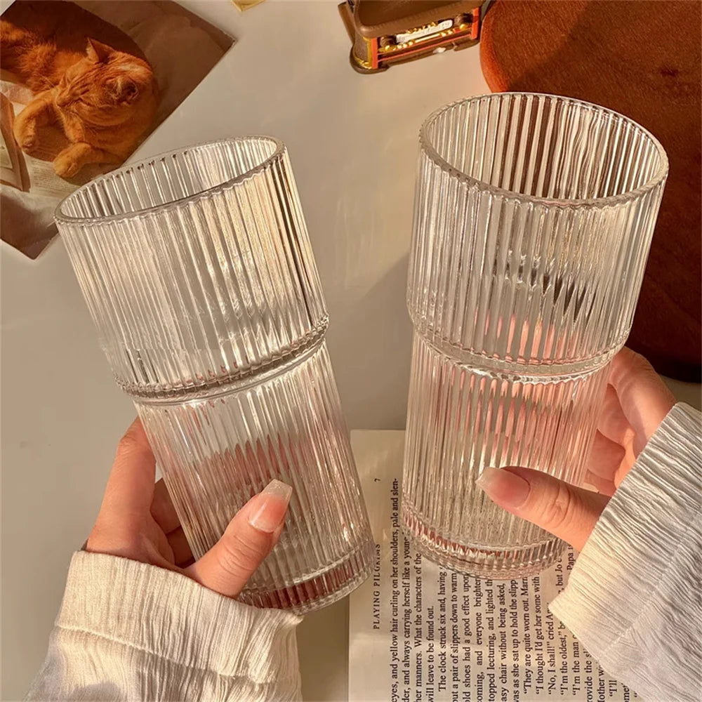 1/2pcs 600ml Stripe Glass Cup with Lid and Straw