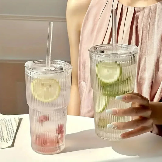 1/2pcs 600ml Stripe Glass Cup with Lid and Straw