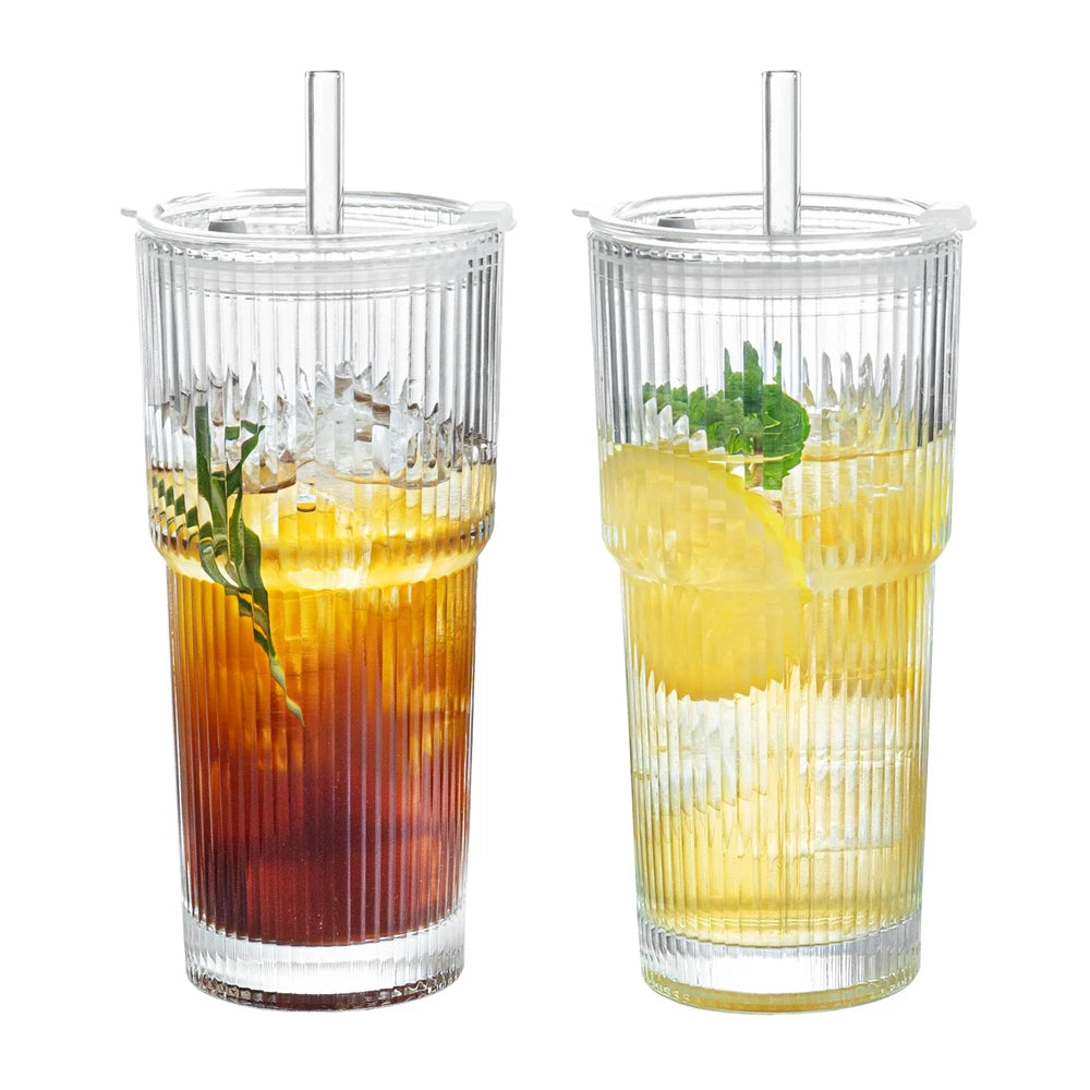 1/2pcs 600ml Stripe Glass Cup with Lid and Straw