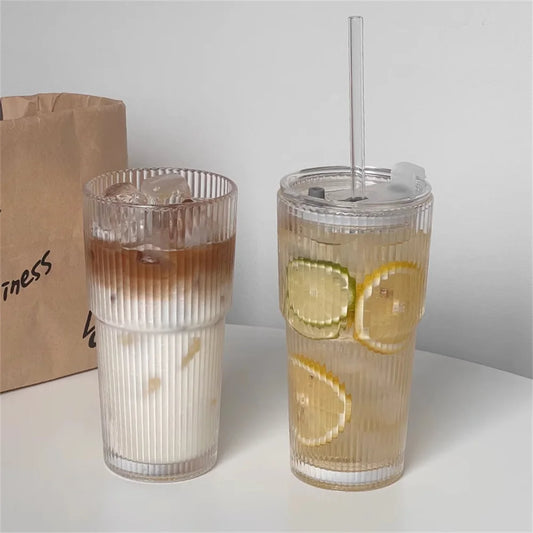 1/2pcs 600ml Stripe Glass Cup with Lid and Straw