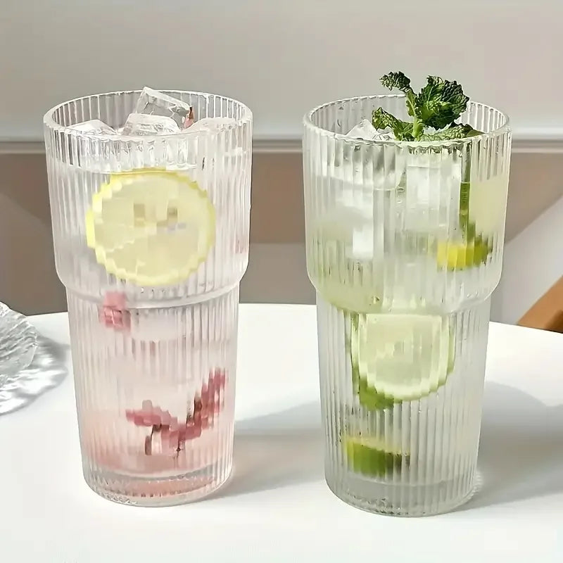 1/2pcs 600ml Stripe Glass Cup with Lid and Straw